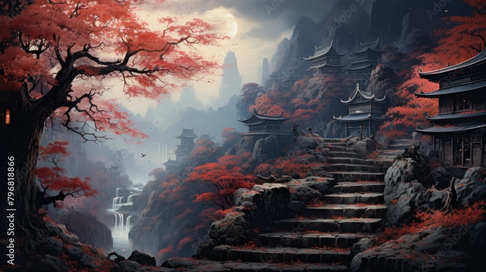 Obraz premium a portrait autumnal scene of an asian hillside with stairs and buildings, in the style of dark turquoise and light crimson, northern and southern dynasties, AI Generative