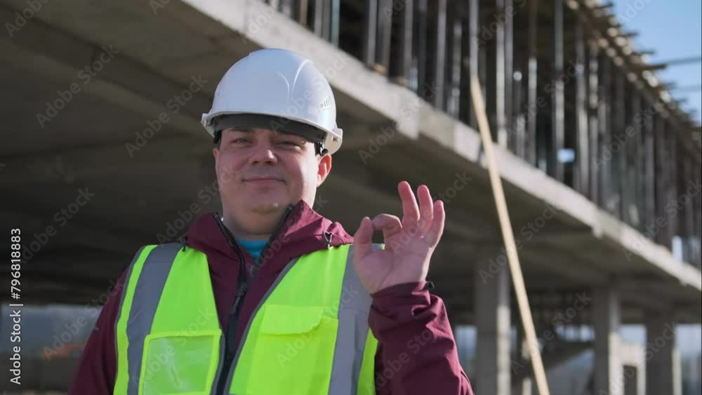 Glad foreman builder smiling shows raised hand with fingers ok gesture while standing in hard hat on construction site next to unfinished building. Glad foreman builder smiling shows raised hand with fingers ok gesture while standing in hard hat on construction site next to unfinished building.