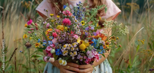 A young girl presents a bouquet of wildflowers © dashtik
