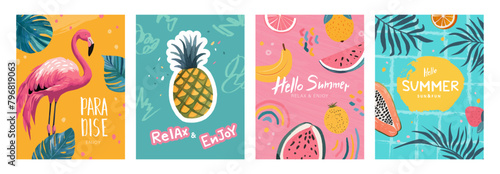 Hello summer. Set of vector postcards with illustrations of pink flamingo, tropical fruits and leaves. Fun hand drawn summer design elements.