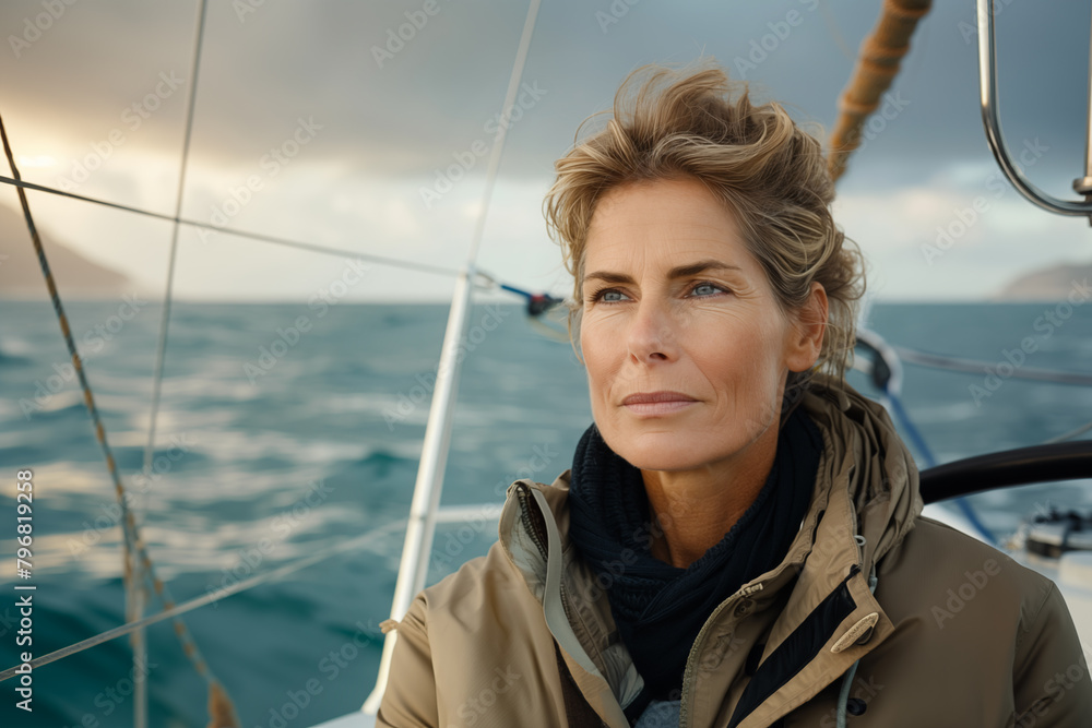 Obraz premium Senior Caucasian woman in her 50s enjoying sailing on a sailboat in a stormy day with the sea in the background.