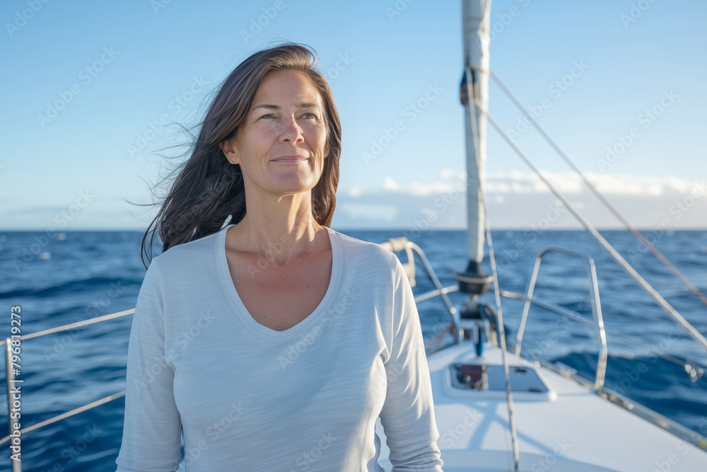 Mature Caucasian woman in her 50s enjoying sailing on a sailboat with the sea in the background. Mature Caucasian woman in her 50s enjoying sailing on a sailboat with the sea in the background.