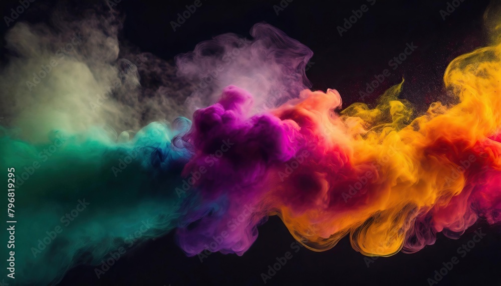 Abstract Coloful Smoke Dust Particles Night haze Mist Floating on Rainbow Coloured Smoke on Dark Black 