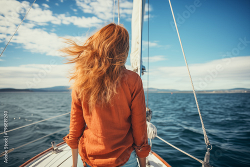 Concept of freedom. Red-haired young woman seen from behind on a sailboat looking out to sea with her hair blowing in the wind. © Concept Island