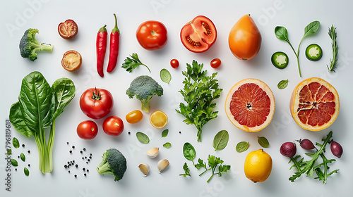 Healthy eating background / studio photography of different fruits and vegetables on white backdrop, Healthy food background, top view, High resolution product,