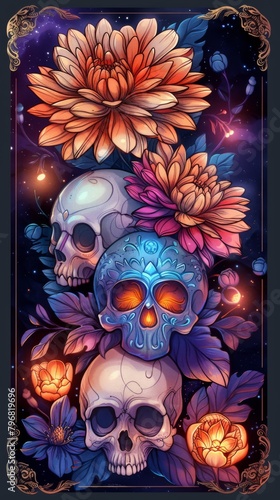 A painting of a skull and flowers with some leaves  AI