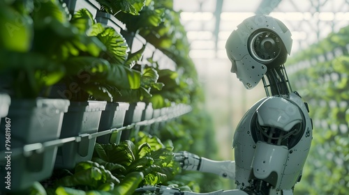 Autonomous Couple Robots Meticulously Analyzing Thriving Plants in a Vertical Farms Sustainable Hightech System Generative ai