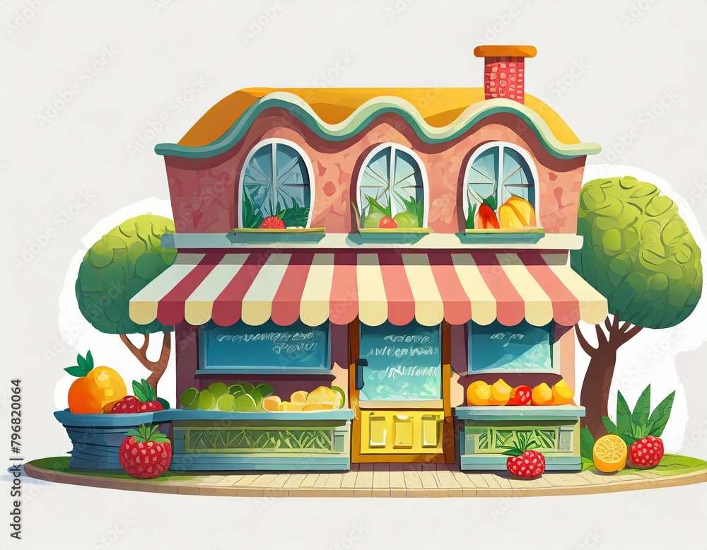illustration of a small cute fruit shop building on a white background illustration of a small cute fruit shop building on a white background