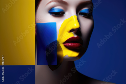 generated illustration lady with abstract geometric faceart on color background photo