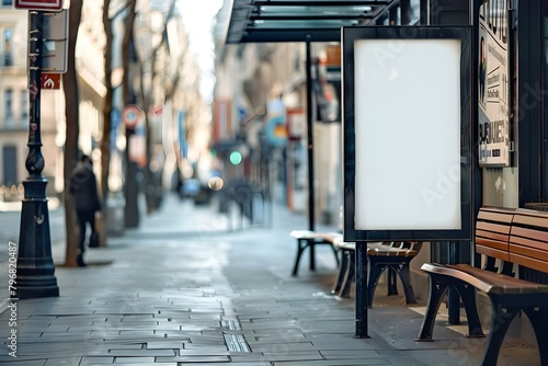 Empty bus stop with benches and advertising banner on city street. Concept Cityscape, Urban Infrastructure, Public Transport, Advertisement, Waiting Area