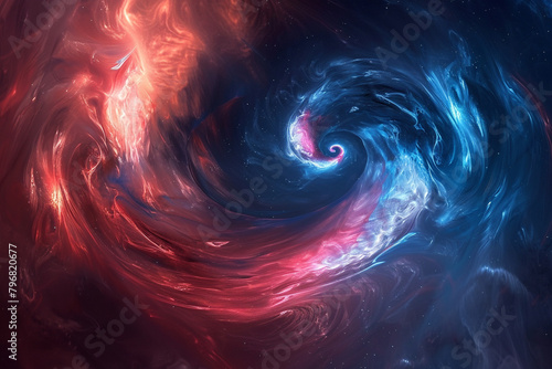 Crimson and blue swirls collide in an abstract dance against a nebulous backdrop.