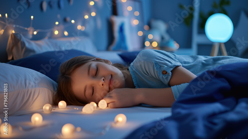 Adorable little child girl sleeping in the bed. Quiet sleep quiet starry night.