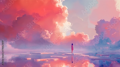 Solitary Figure Stands Amidst Surreal Dreamscape of Vibrant Sunset Skies and Tranquil Reflections