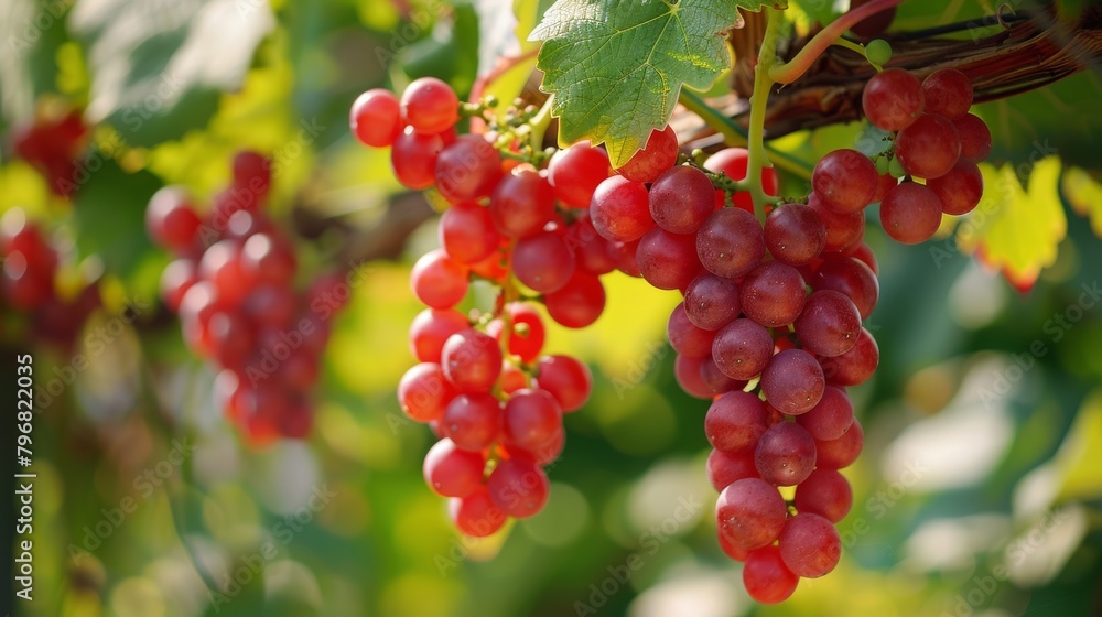 Ripe red grapes on vine in sunlight