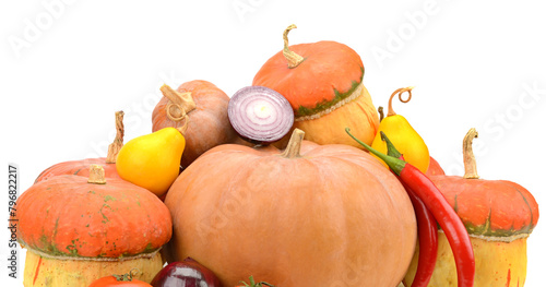 Composition of various pumpkins and other vegetables isolated on white © Serghei V