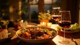 a table topped with plates of food and glasses of wine next to a bowl of salad and a glass of wine on top of a table.