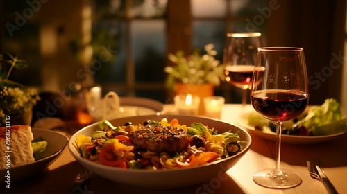 a table topped with plates of food and glasses of wine next to a bowl of salad and a glass of wine on top of a table.