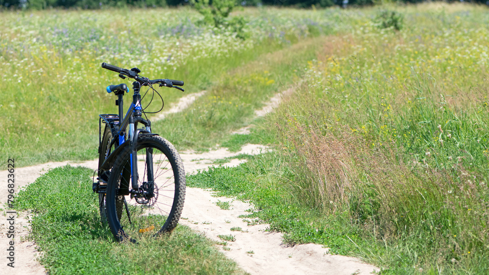 bike stands on the road in the field. A mountain bike stands on a field path with green grass. Mountain bike, blooming summer field, meadow flowers, sunny day. ride a bike. outdoor activities bike stands on the road in the field. A mountain bike stands on a field path with green grass. Mountain bike, blooming summer field, meadow flowers, sunny day. ride a bike. outdoor activities