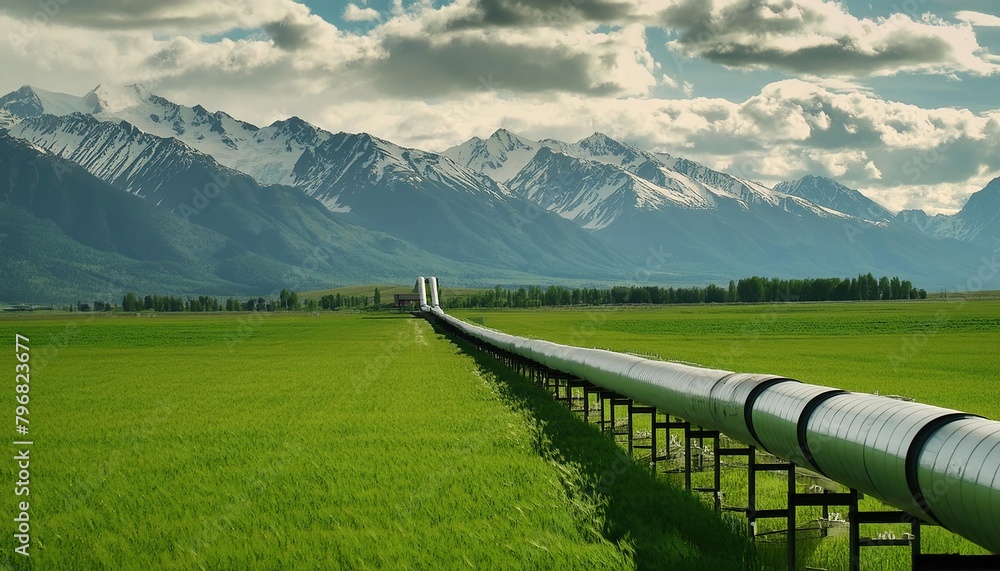 A large pipeline stretches through vibrant green fields against a backdrop of distant mountains and a dynamic sky A large pipeline stretches through vibrant green fields against a backdrop of distant mountains and a dynamic sky