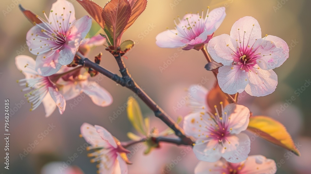 A close-up shot of a blooming cherry blossom branch, highlighting the delicate pink petals and the soft texture of the leaves