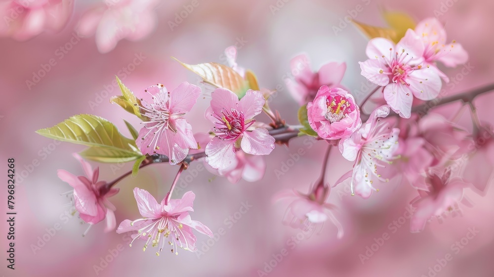 A close-up shot of a blooming cherry blossom branch, highlighting the delicate pink petals and the soft texture of the leaves A close-up shot of a blooming cherry blossom branch, highlighting the delicate pink petals and the soft texture of the leaves