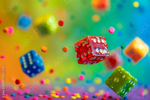 A rainbow of colorful translucent dice suspended in mid-air against a rainbow background. photo