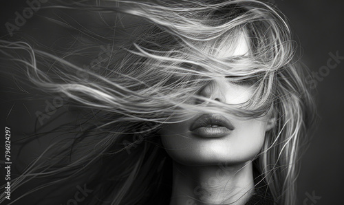 Blurry motion black and white photography of a blonde woman with hair covering her face