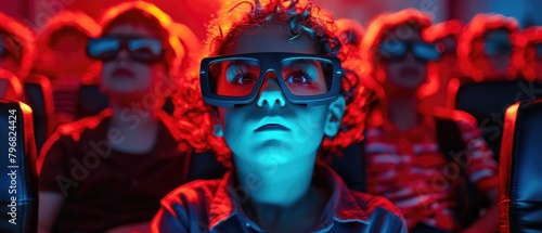 A boy wearing 3D glasses is watching a movie in a theater with red lighting.