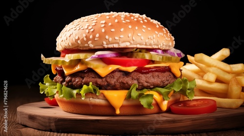 A tasty hamburger with fries, fast food, white background.