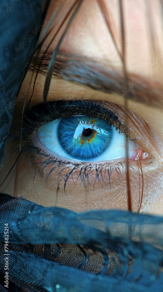 A close up of a woman's eye with blue iris, AI
