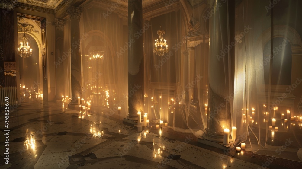 The transparent columns holding the flickering candles almost seem to disappear creating an ethereal effect in the room. 2d flat cartoon.