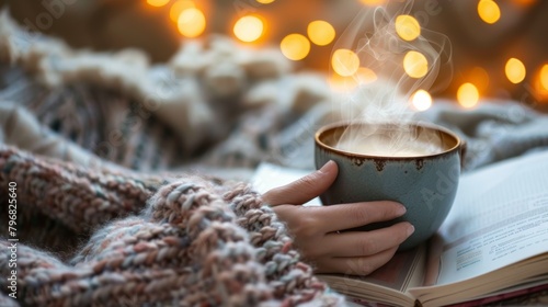 A close-up shot of a person s hand holding a steaming cup of coffee  with a cozy blanket and a book in the background.