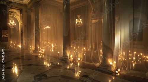 The transparent columns holding the flickering candles almost seem to disappear creating an ethereal effect in the room. 2d flat cartoon.