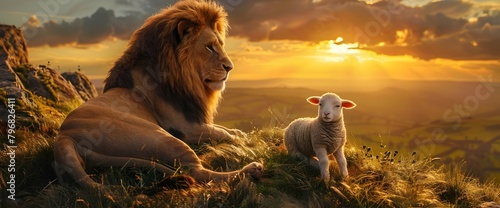 Majestic Lion and Gentle Lamb Unite on Hilltop at Breathtaking Sunrise Illustrating Harmony and Balance in Nature
