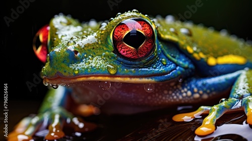 Extreme close up photo of a tropical punk tree frog on a large wet frond, AI Generative photo