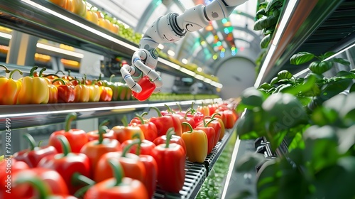 Advanced Autonomous Robot Cultivating Vibrant Peppers in a Spacious Vertical Indoor Farm Generative ai photo