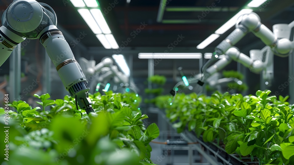 Futuristic Indoor Farm Autonomous Robots Advancing Plant Cultivation Techniques Generative ai