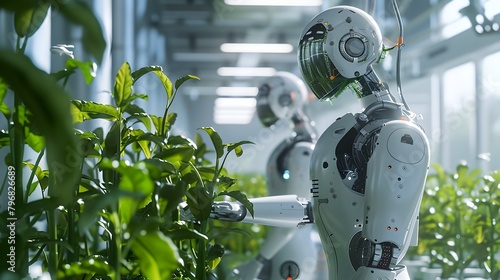 Futuristic Indoor Farm Autonomous Robots and Scientists Collaborating on Innovative Cultivation Techniques Generative ai