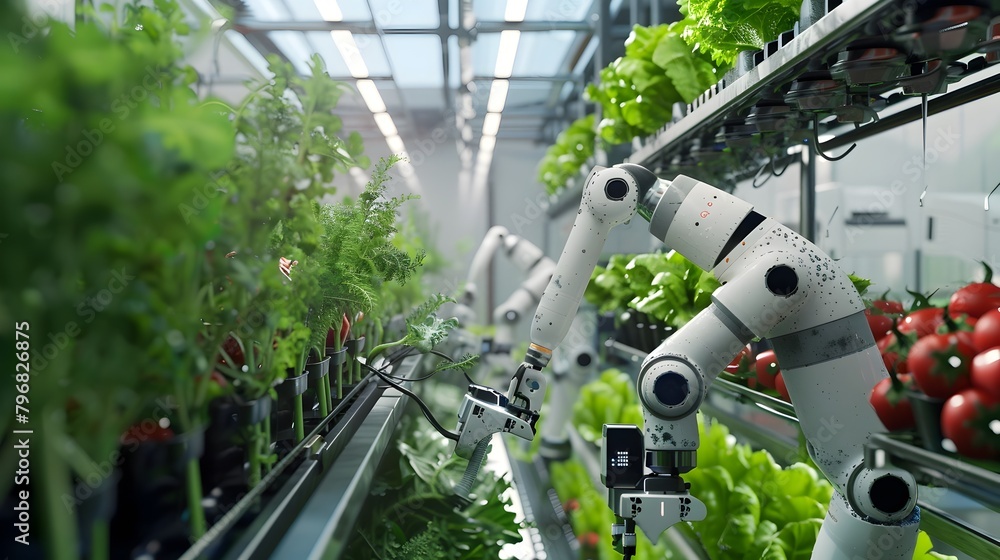Advanced Autonomous Robots Meticulously Harvesting Ripe Vegetables in a Futuristic Indoor Farm Generative ai