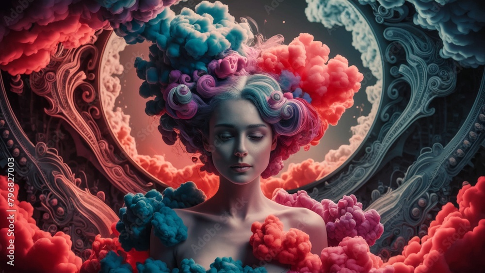 Clouds of colored smoke surrounding a woman. A charming and mysterious atmosphere of an abstract smoky background, captivating you into the cloudy world of erotic fantasies. AI generated. Clouds of colored smoke surrounding a woman. A charming and mysterious atmosphere of an abstract smoky background, captivating you into the cloudy world of erotic fantasies. AI generated.