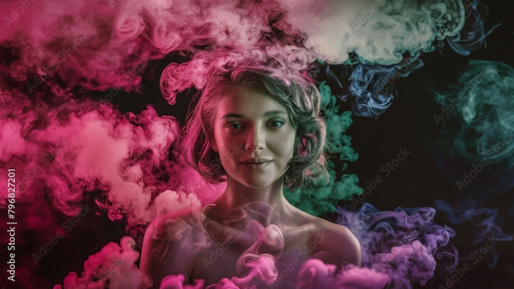 Clouds of colored smoke surrounding a woman. A charming and mysterious atmosphere of an abstract smoky background, captivating you into the cloudy world of erotic fantasies. AI generated. Clouds of colored smoke surrounding a woman. A charming and mysterious atmosphere of an abstract smoky background, captivating you into the cloudy world of erotic fantasies. AI generated.