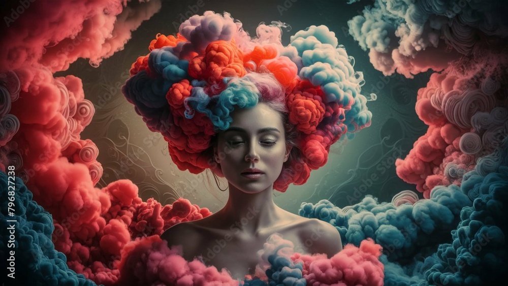 Clouds of colored smoke surrounding a woman. A charming and mysterious atmosphere of an abstract smoky background, captivating you into the cloudy world of erotic fantasies. AI generated.