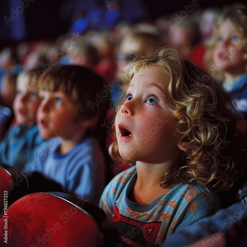 A child with curly blond hair and blue eyes is sitting in a movie theater, watching a movie with her mouth open in awe. © Nuth