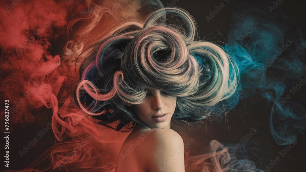 Clouds of colored smoke surrounding a woman. A charming and mysterious atmosphere of an abstract smoky background, captivating you into the cloudy world of erotic fantasies. AI generated.