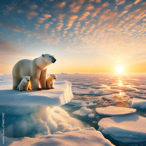A polar bear and her cubs on the edge of an ice floe  with the Arctic sun on the horizon