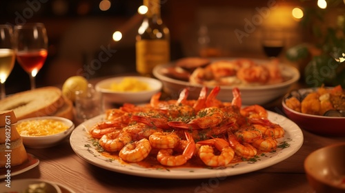 Appetizing spanish tapas with anchovies and shrimp close-up in the restaurant of San Sebastian, Donostia, Spain. photo