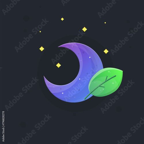 Magic Moon Glossy Blue Purple Game Icon Badge With Green Branches And Stars Isolated Vector Design (ID: 796828278)
