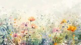 A dreamy watercolor landscape featuring a colorful field of wildflowers in soft muted tones..