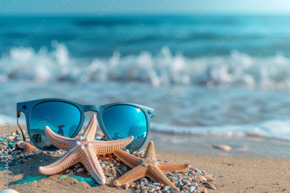 Sunglasses and starfish on the beach with copy space for text Summer vacation concept Generative AI