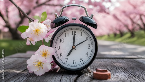 Alarm clock with cherry blossoms, switch to daylight saving time in spring, summer time changeover with a free space photo
